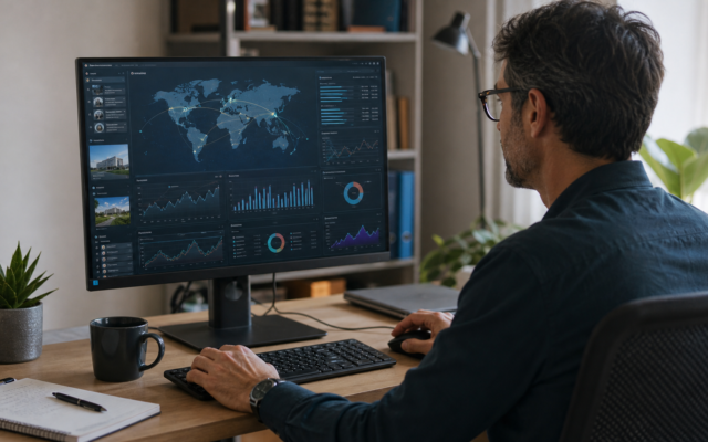 Business professional analysing global website economy data and digital infrastructure growth on a computer dashboard.