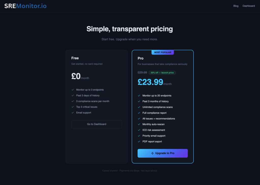 SRE Monitor.io  Website  Monitoring SaaS offering Pricing 